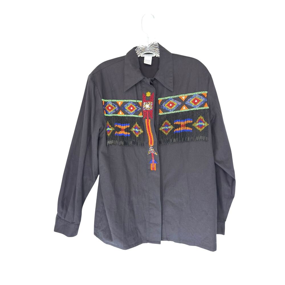Lew Magram Blouse VTG Women's Western Rodeo Beaded Heritage Native Button Up 8